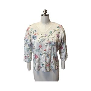 david brooks White V-Neck Sweater with Multicolor Floral Embroidery